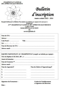 Bulletin d'inscription Championnat National Des Apprentis Electriciens 2024